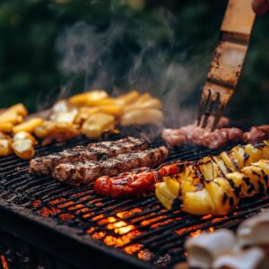 Close-up van een gas bbq temperatuur regelen met een thermometer en grillvlees erop
